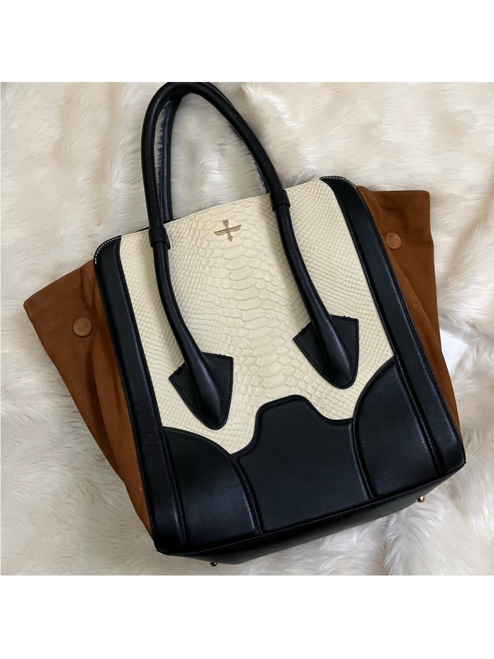 Pour La Victoire Tricolor Tote in Cream, Black & Brown Suede